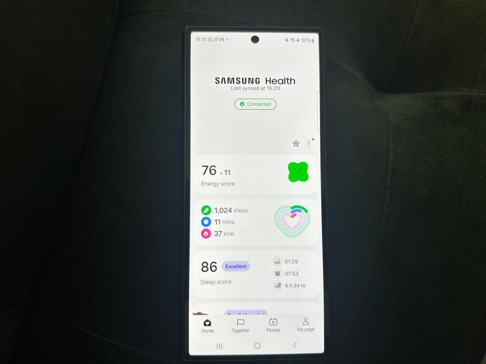 a samsung health app is displayed on a phone