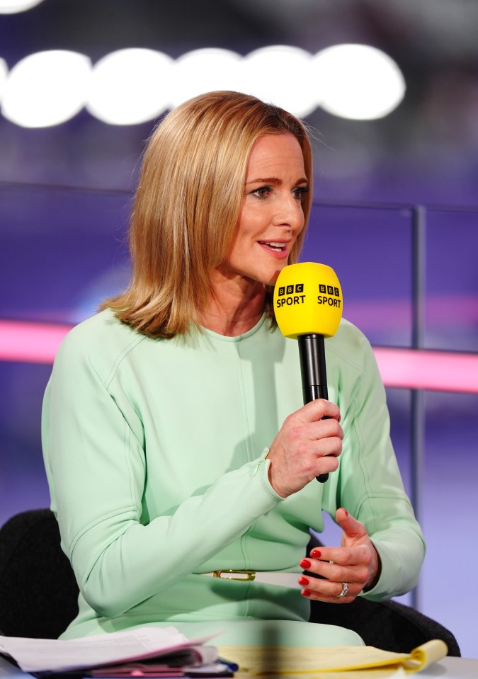 a woman wearing a yellow bbc sport microphone