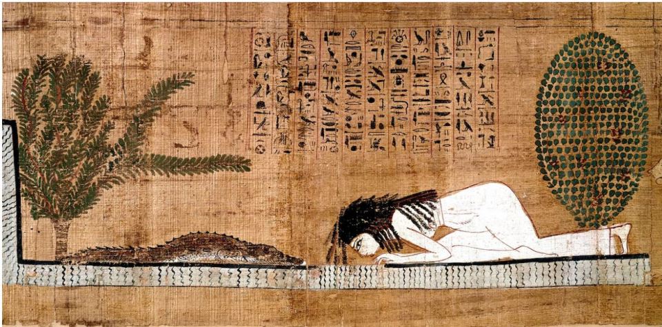 a painting of a woman and a crocodile with arabic writing