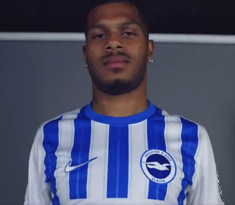 a man wearing a blue and white striped shirt that says brighton and hove