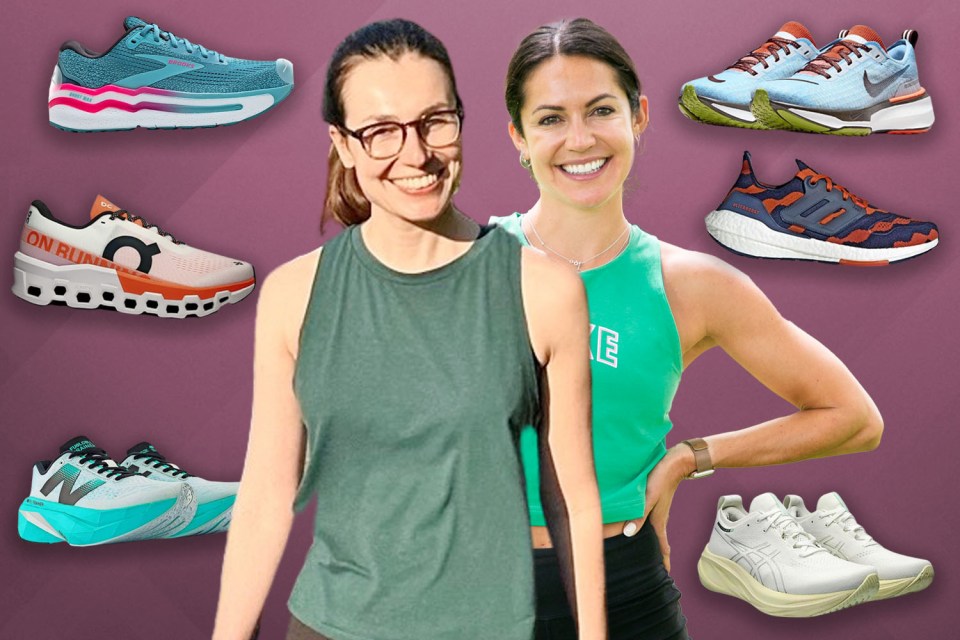 two women are standing next to each other in front of a collage of running shoes