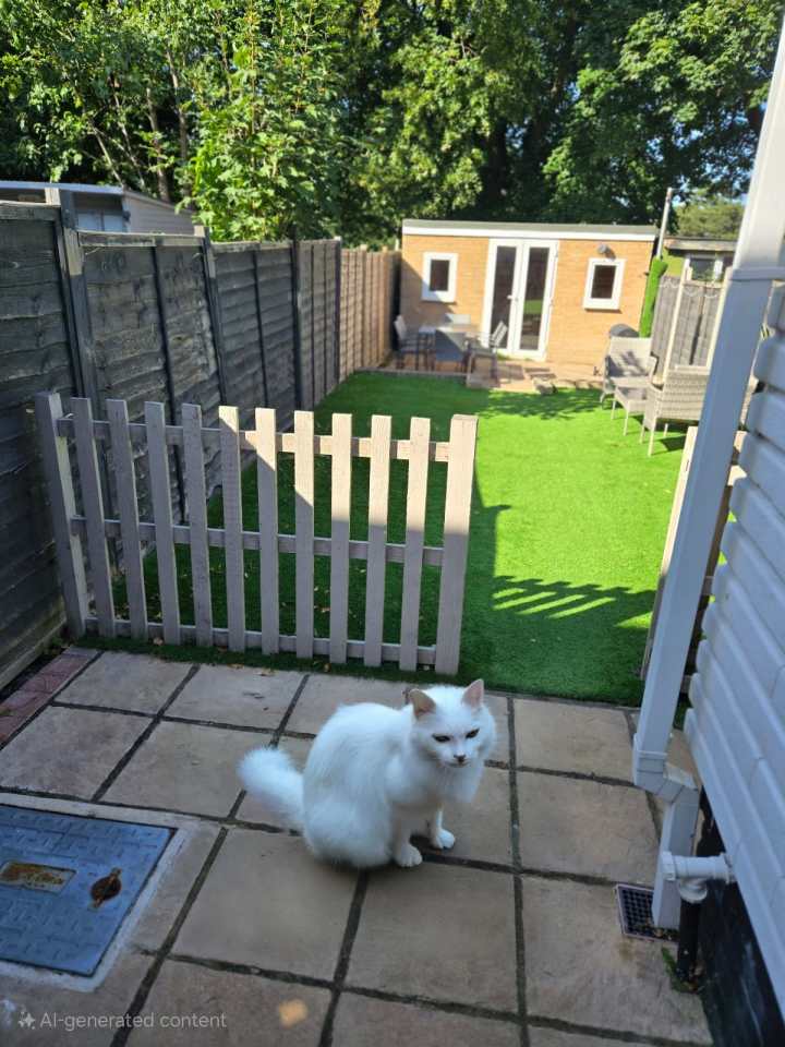 a white cat standing in front of a white picket fence