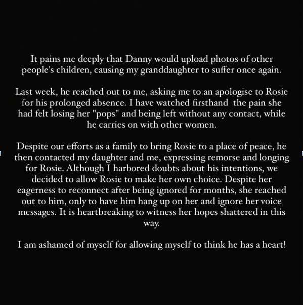 a black background with white text that says " it pains me deeply that danny would upload photos of other people 's children "