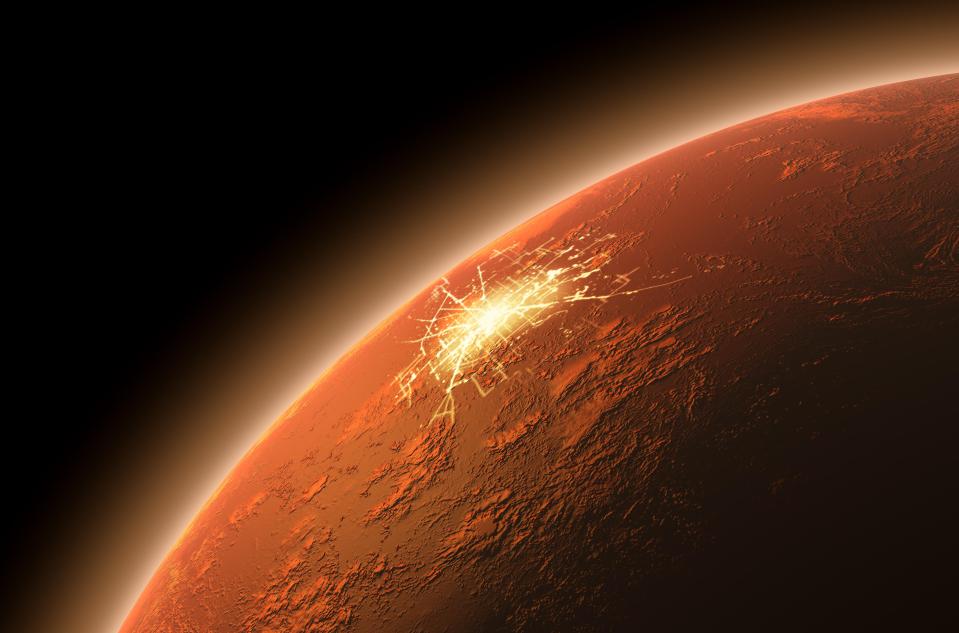 an artist 's impression of a planet with a light shining on it