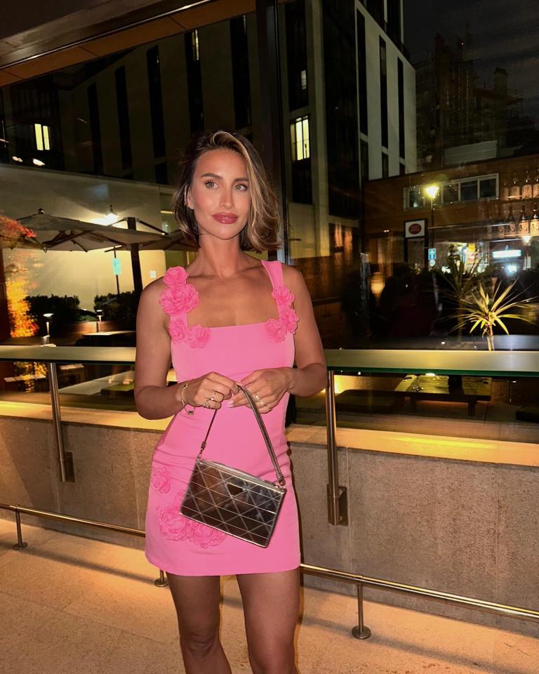 a woman in a pink dress holds a silver purse