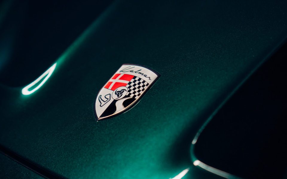 a close up of a palmar emblem on a green car