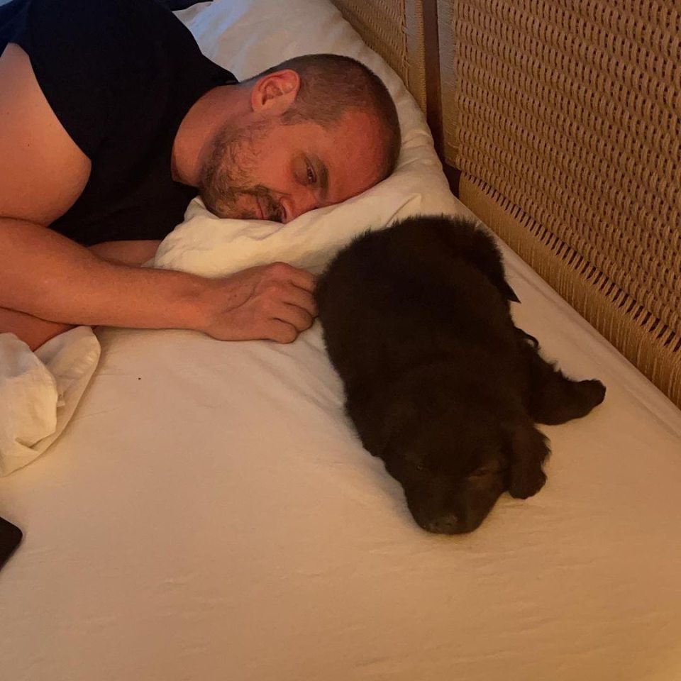 a man laying on a bed next to a black dog