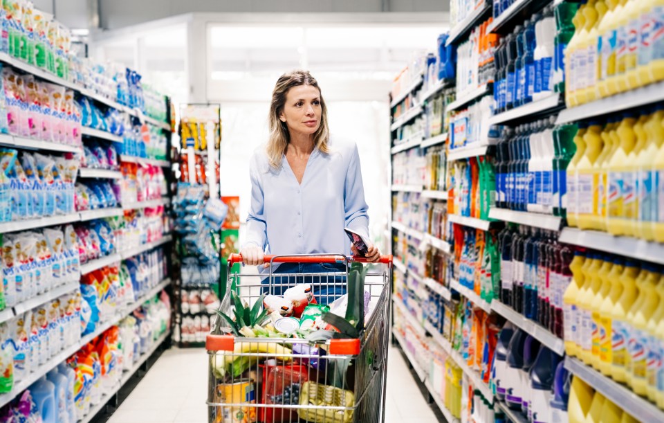 a woman pushes a shopping cart down a aisle in a store