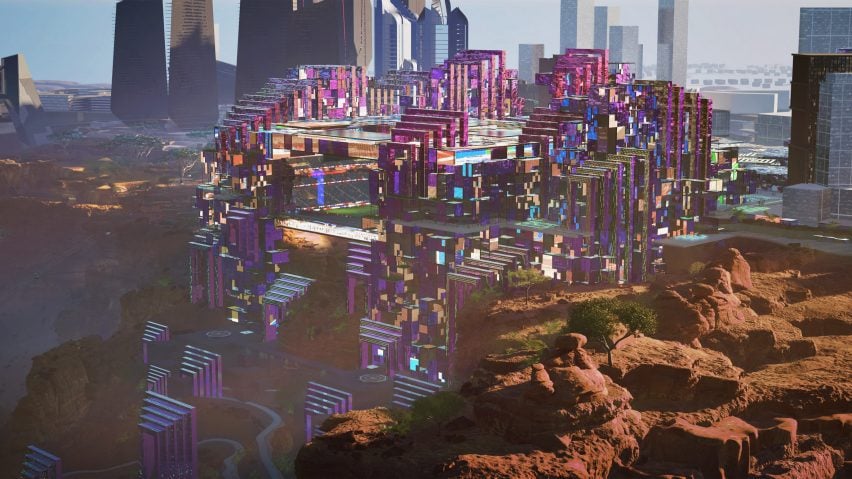 Futuristic World Cup stadium design built into a cliffside.