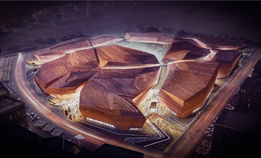 Futuristic World Cup stadium design.