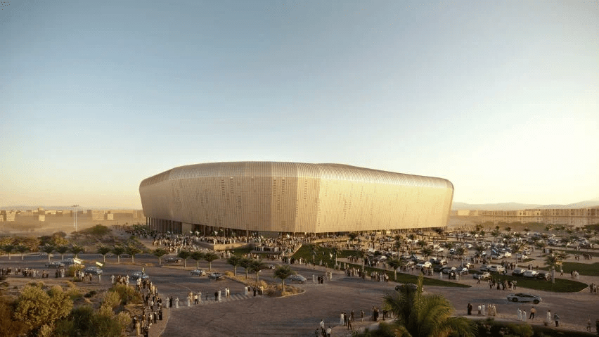 Futuristic World Cup 2034 stadium rendering.