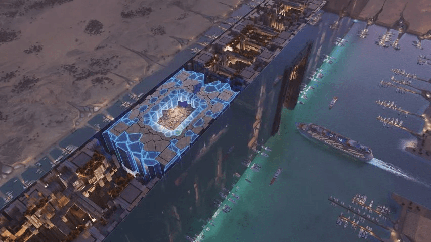 Aerial view of a futuristic World Cup stadium design.