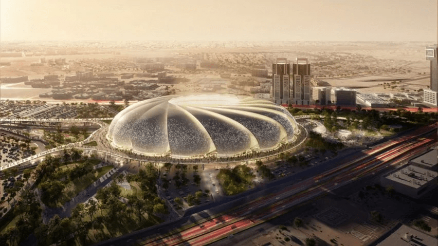 Futuristic World Cup stadium design.