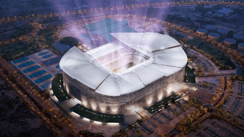 Aerial view of a futuristic World Cup stadium.