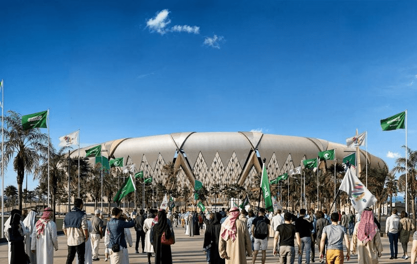 Futuristic World Cup 2034 stadium in Saudi Arabia.