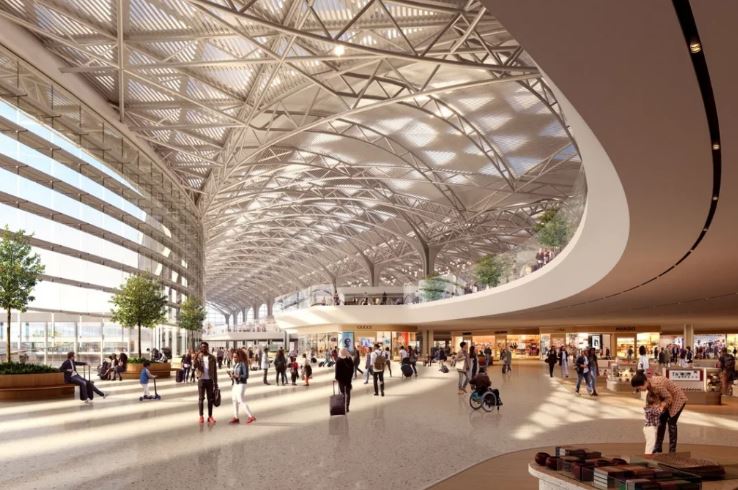an artist 's impression of the interior of a large building
