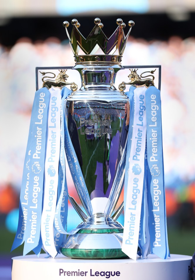 a trophy with blue ribbons that say premier league
