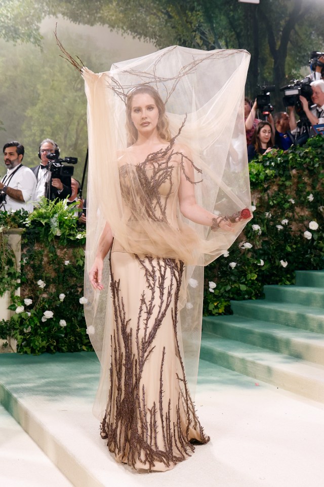 a woman in a dress with branches on it
