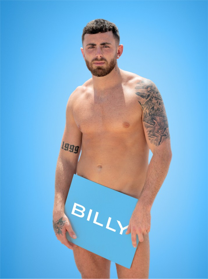 a shirtless man holding a blue sign that says billy