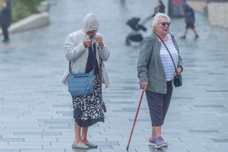 two women are walking down a sidewalk in the rain