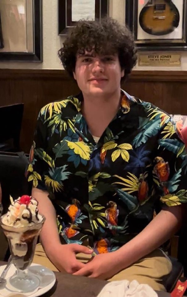 a man in a hawaiian shirt sits in front of a steve jones guitar