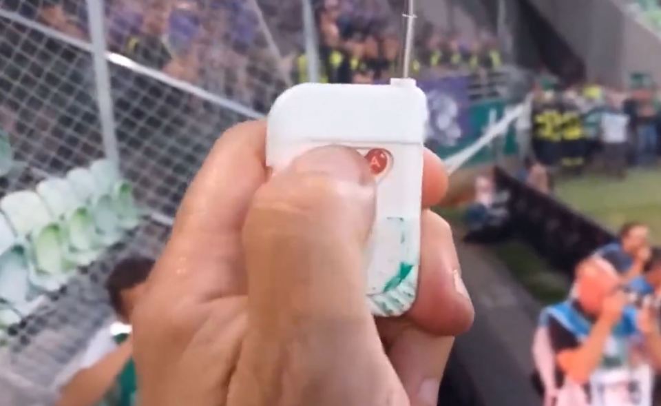 a person is holding a small white object in their hand .