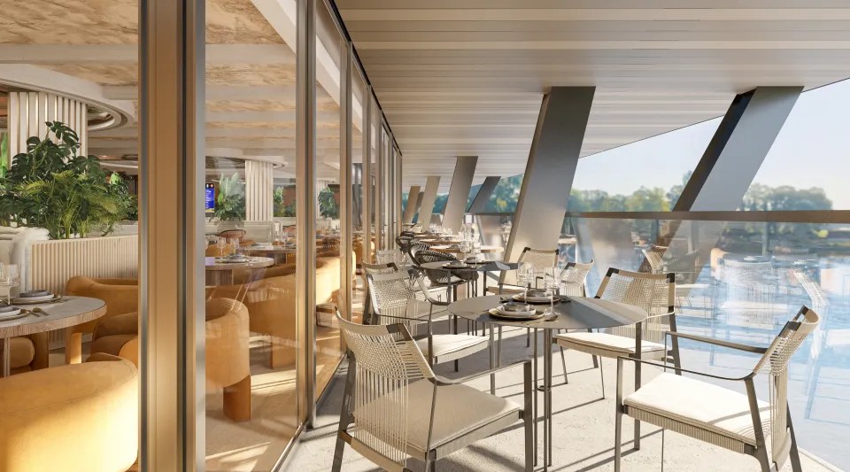 an artist 's impression of a restaurant with tables and chairs