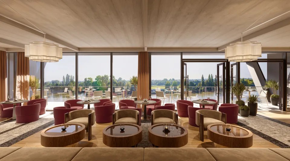 an artist 's impression of a restaurant with tables and chairs