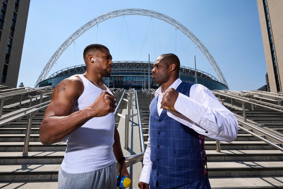 LONDON, ENGLAND - JUNE 26: Anthony Joshua and Daniel Dubois outside Wembley stadium as they announce their IBF World Heavyweight Contest scheduled for September 21 on June 26, 2024 in London England. (Photo by Mark Robinson/Matchroom Boxing/Getty Images)