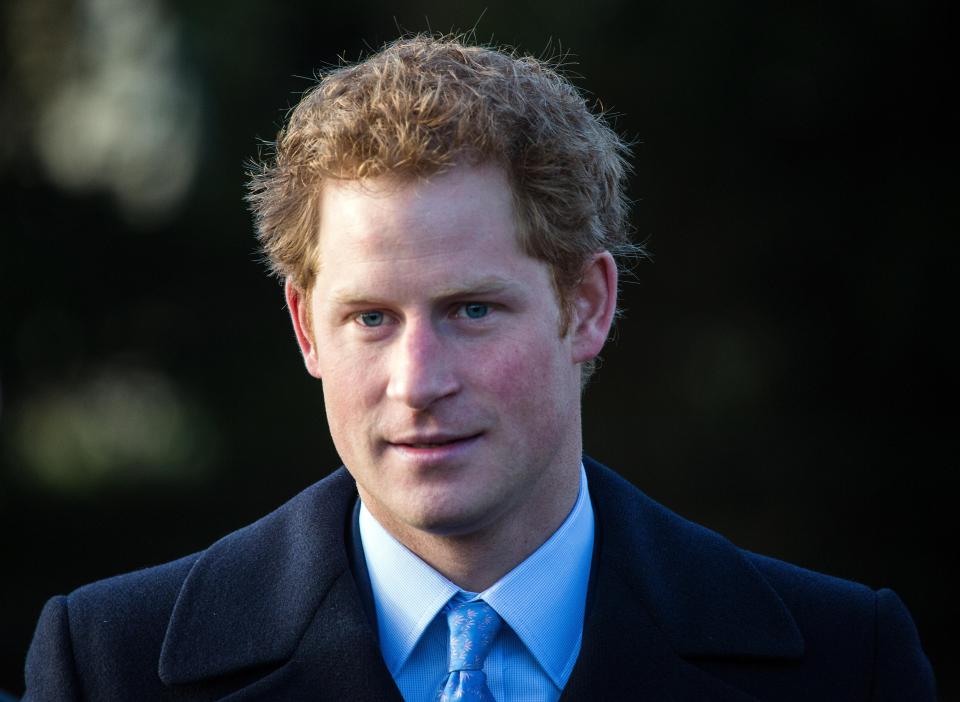 a close up of prince harry wearing a blue shirt and tie
