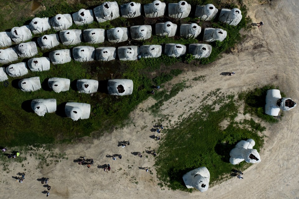 an aerial view of a field with a bunch of sculptures in it