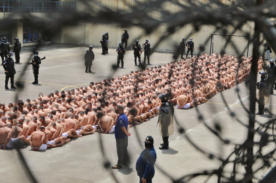 a large group of people are lined up in a prison yard