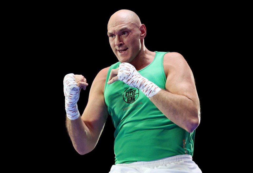 RIYADH, SAUDI ARABIA - MAY 15: Tyson Fury trains during the Ring Of Fire - Open Workouts session ahead of the IBF, IBO, WBA, WBC and WBO Undisputed World Heavyweight Title fight between Tyson Fury and Oleksandr Usyk at BLVD City - Music World on May 15, 2024 in Riyadh, Saudi Arabia. (Photo by Richard Pelham/Getty Images)
