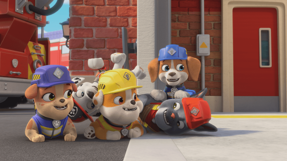 a group of cartoon dogs wearing hard hats with the word rescue on them