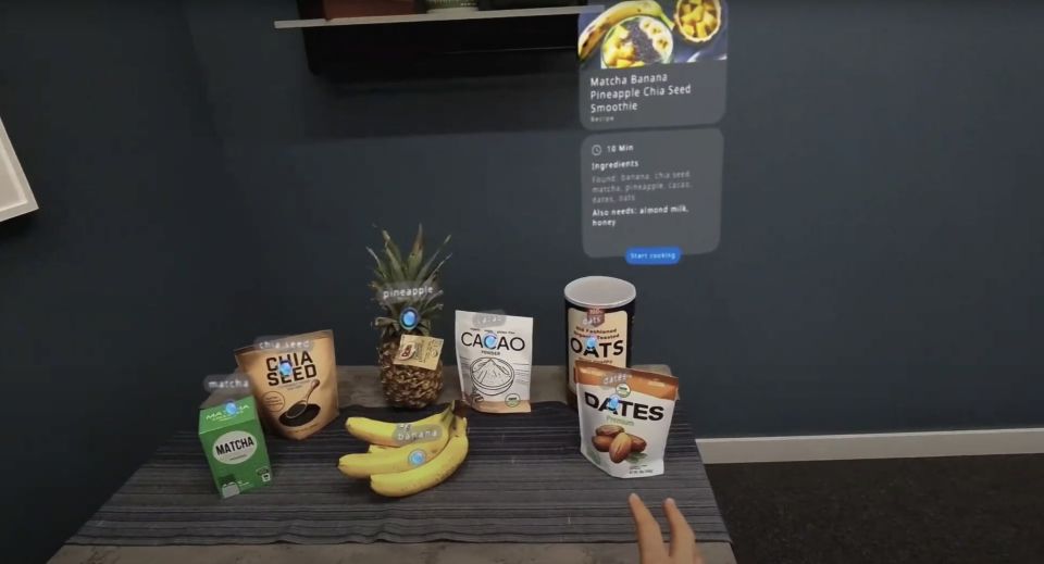 a person is looking at a recipe for a matcha banana pineapple chia seed smoothie