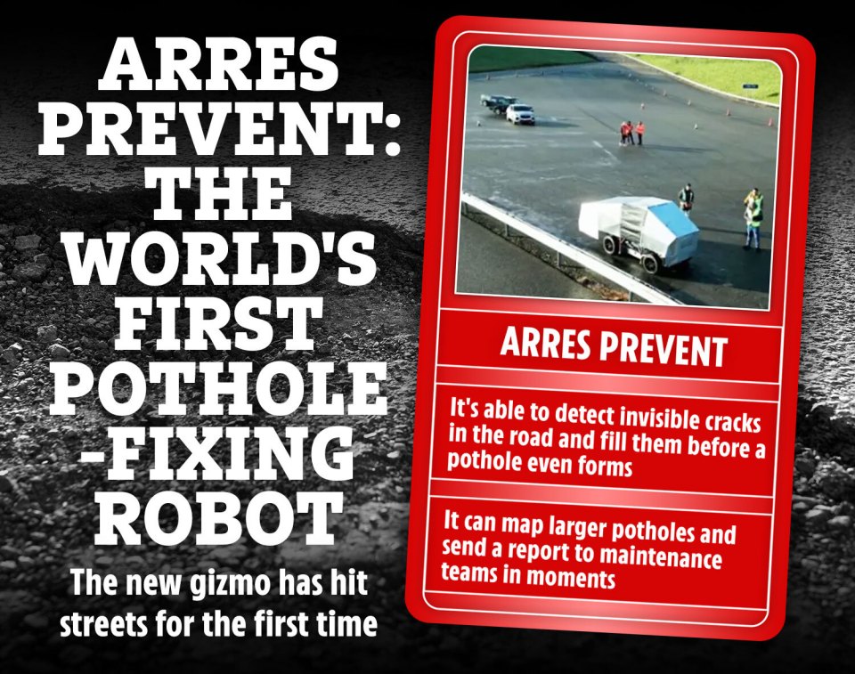 a poster that says arres prevent the world 's first pothole fixing robot