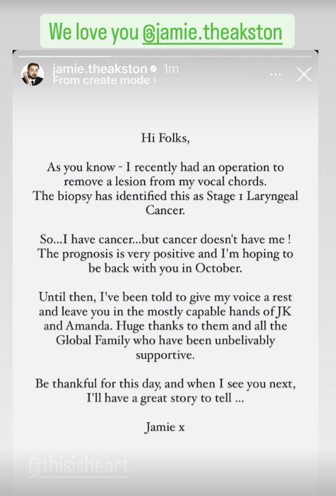 a screenshot of a message from jamie theakston