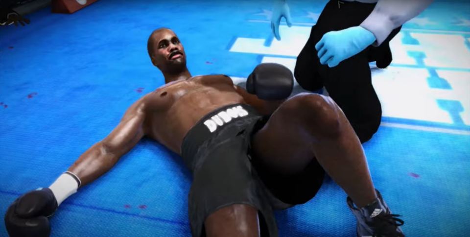 a boxer laying on the floor with the word duck on his shorts