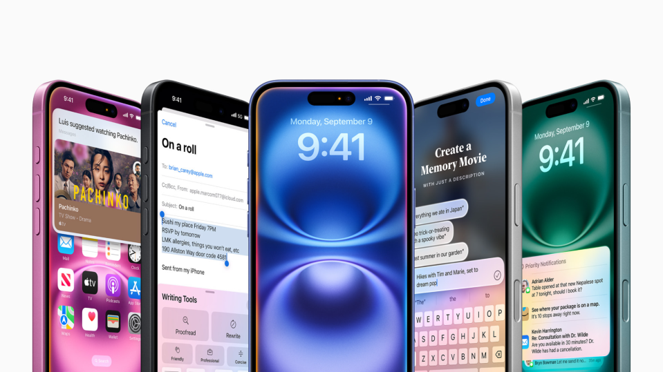 several new iphones are lined up demonstrating apple intelligence