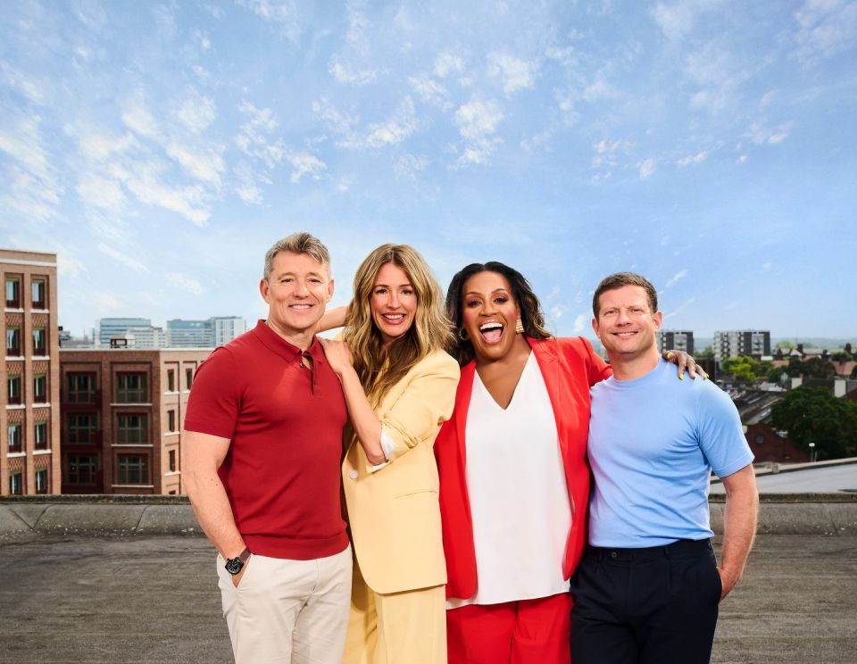 a group of people posing for a picture on a rooftop