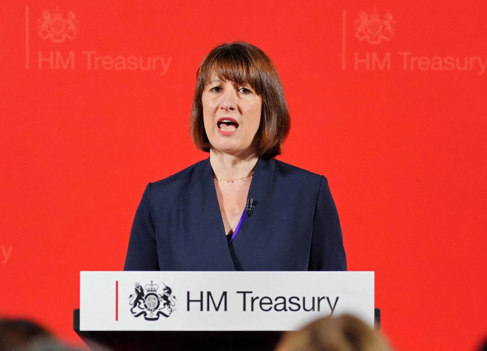 a woman stands at a podium that says hm treasury