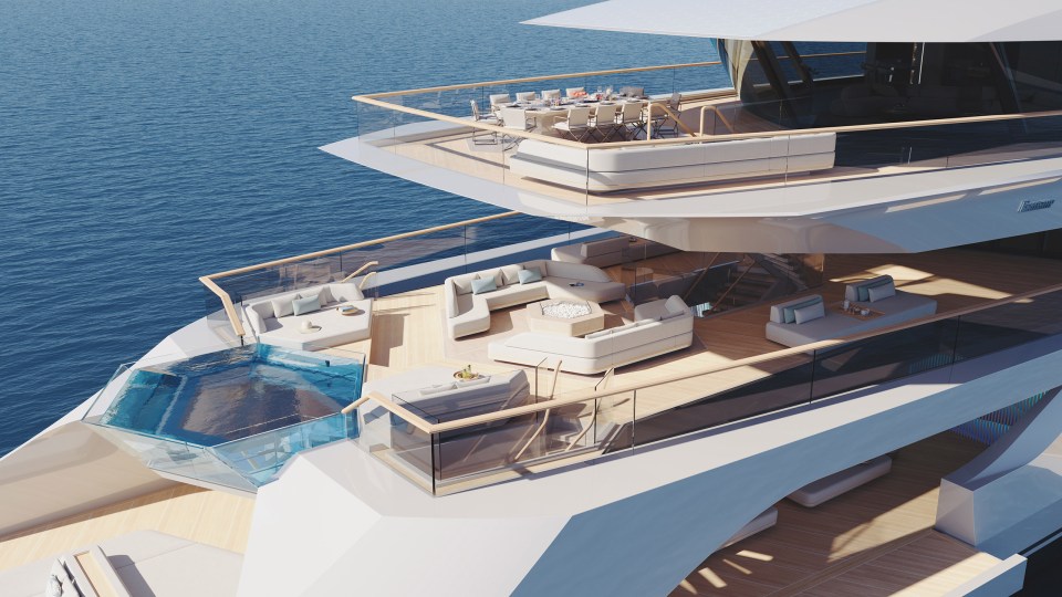 an artist 's impression of a large yacht with a swimming pool
