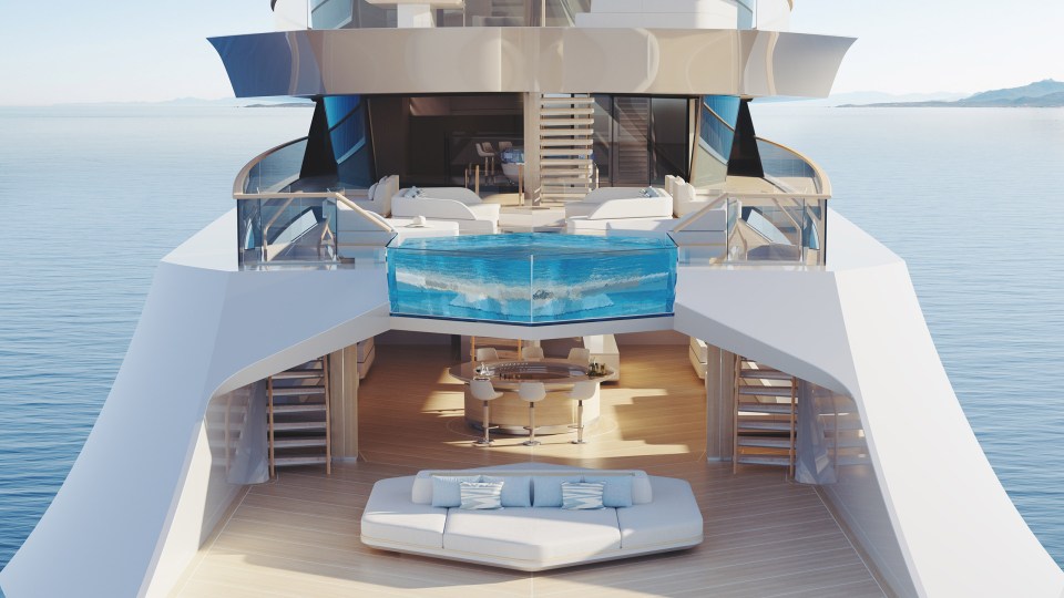 an artist 's impression of a yacht with a swimming pool