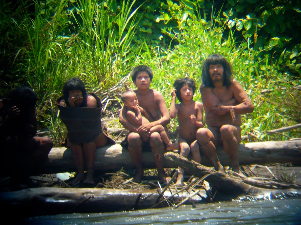 a group of people are sitting on a log near the water