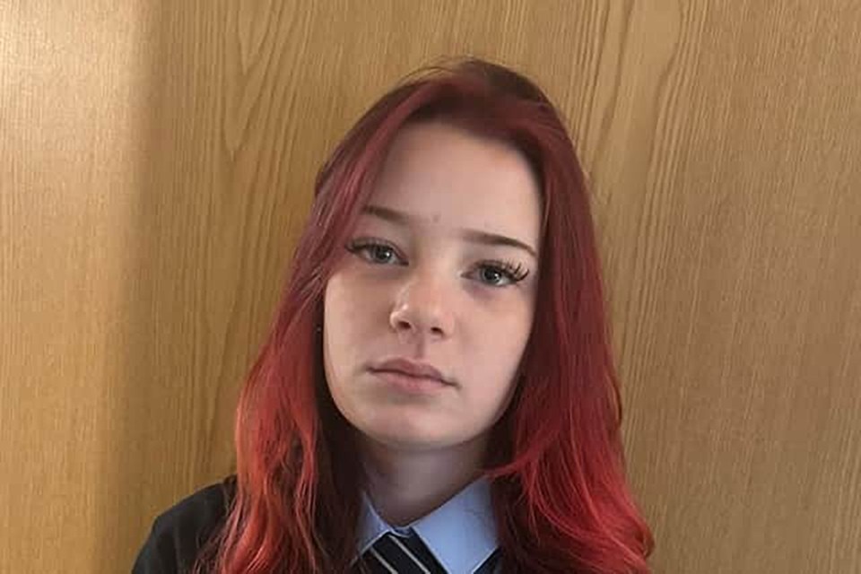 a young girl with red hair is wearing a school uniform and tie .