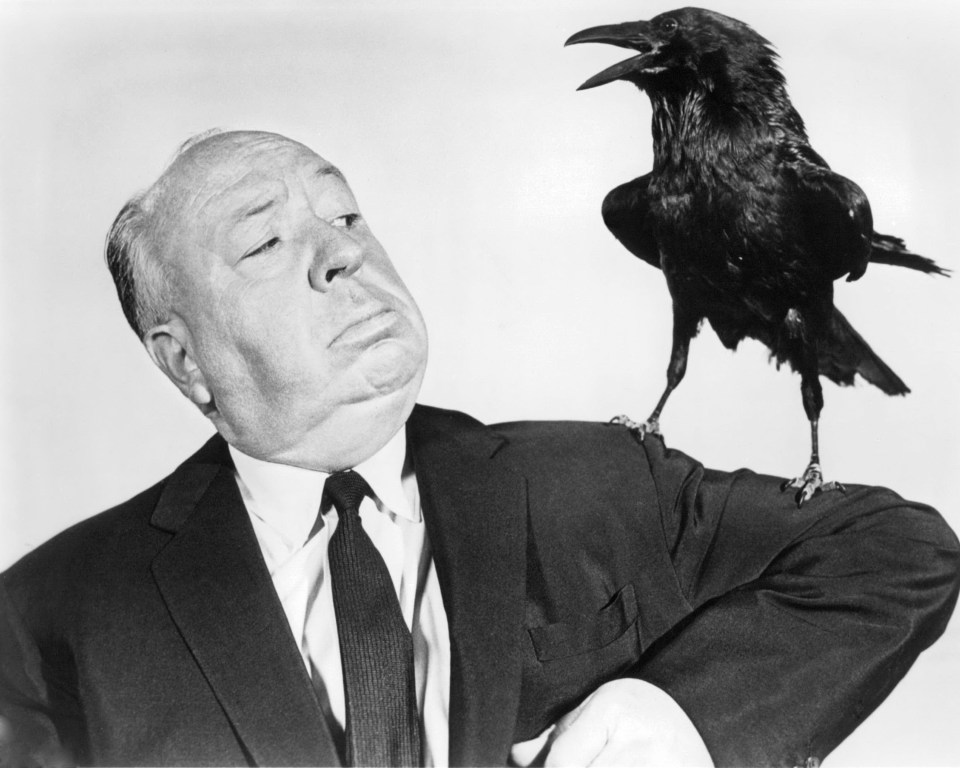 a man in a suit and tie holds a black bird on his arm