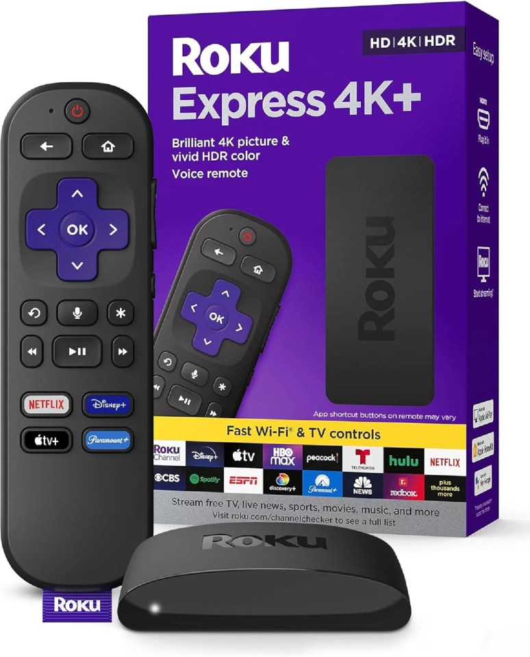 a roku express 4k+ box with a remote next to it