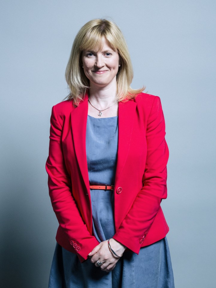 a woman wearing a red jacket and a blue dress
