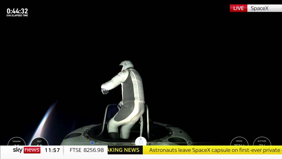 a screen shows a man in a space suit and says live spacex