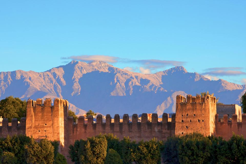 a castle with mountains in the background and trees in the foreground